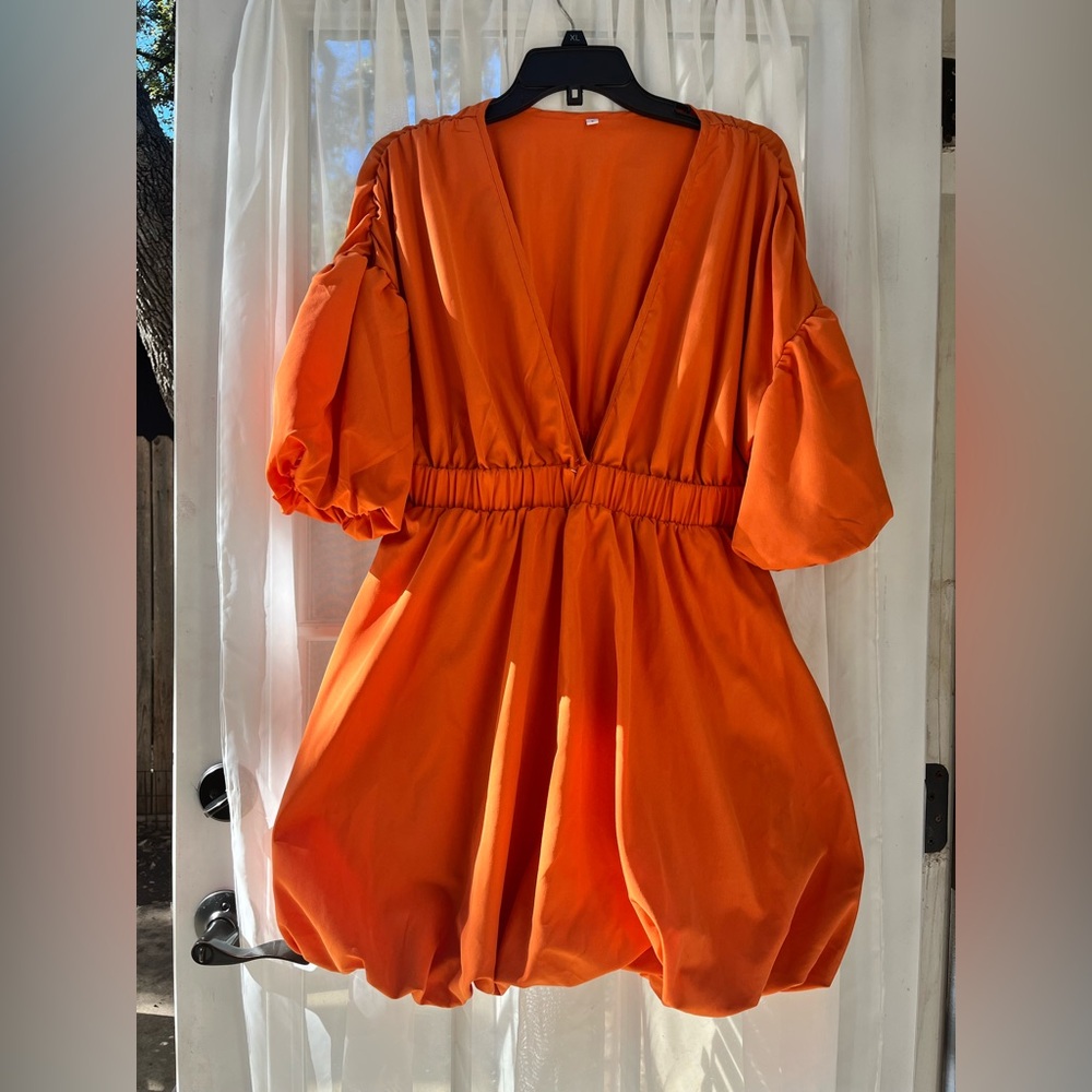 Vibrant Orange Puff Sleeve Dress